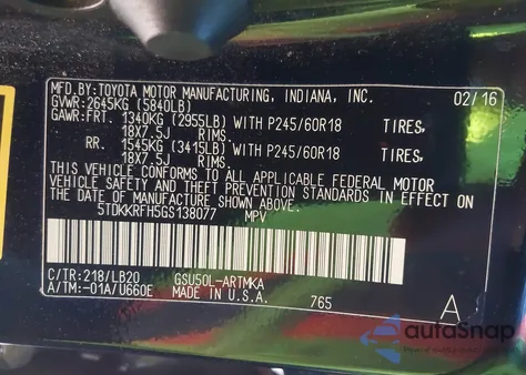 2016 Toyota Highlander Xle V6 из США, поврежденный, VIN 5TDKKRFH5GS138077